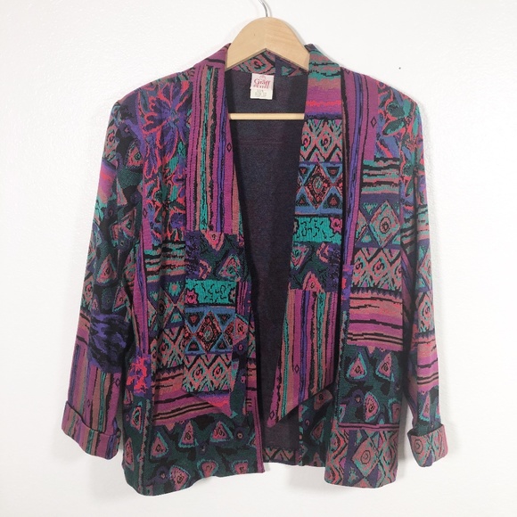 Vintage Jackets & Blazers - Vintage 80s/90s Geometric Crazy Bright Knit Blazer
